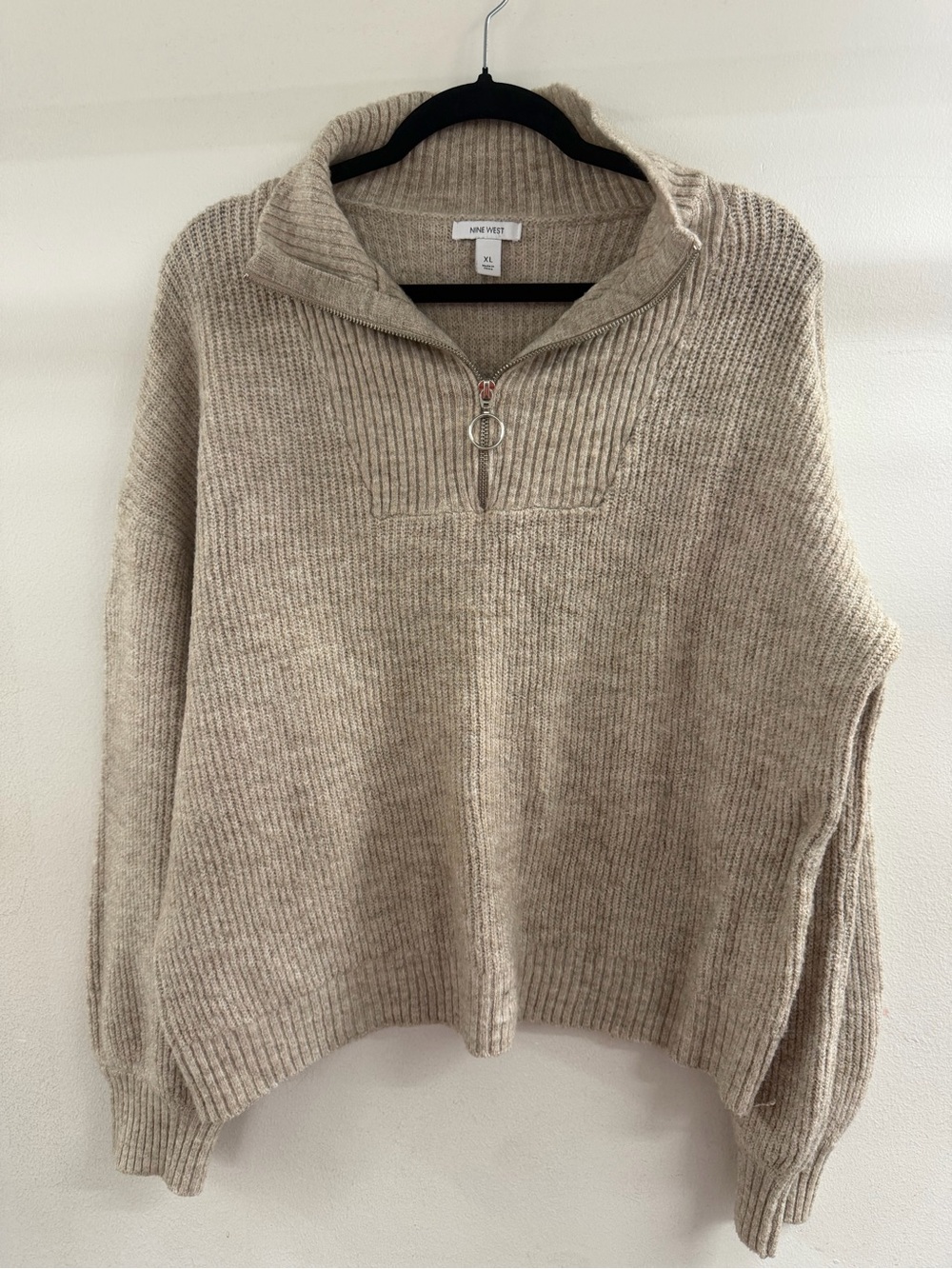 Nine West Beige Zip-Neck Ribbed Pullover